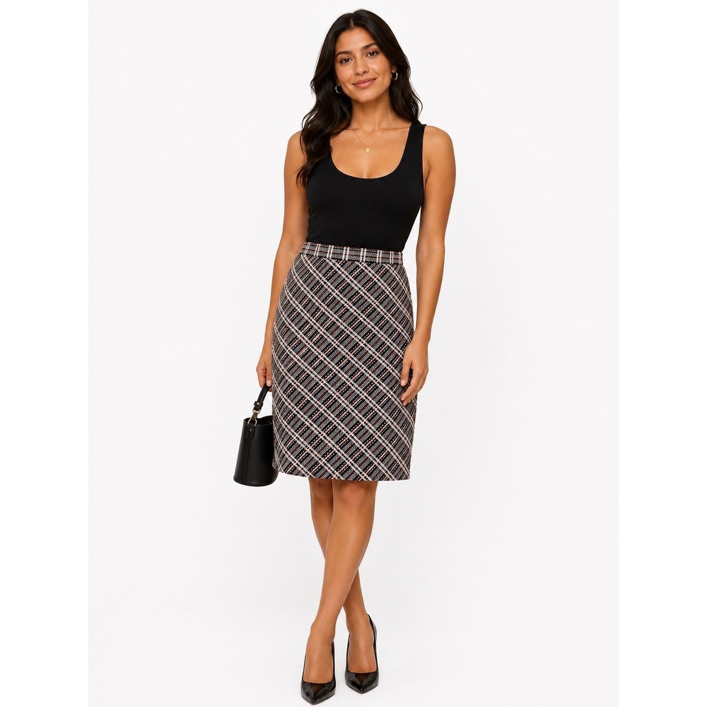 Ann Taylor Pencil Skirt Womens 14 Multi Plaid Tweed Knee Length Professional